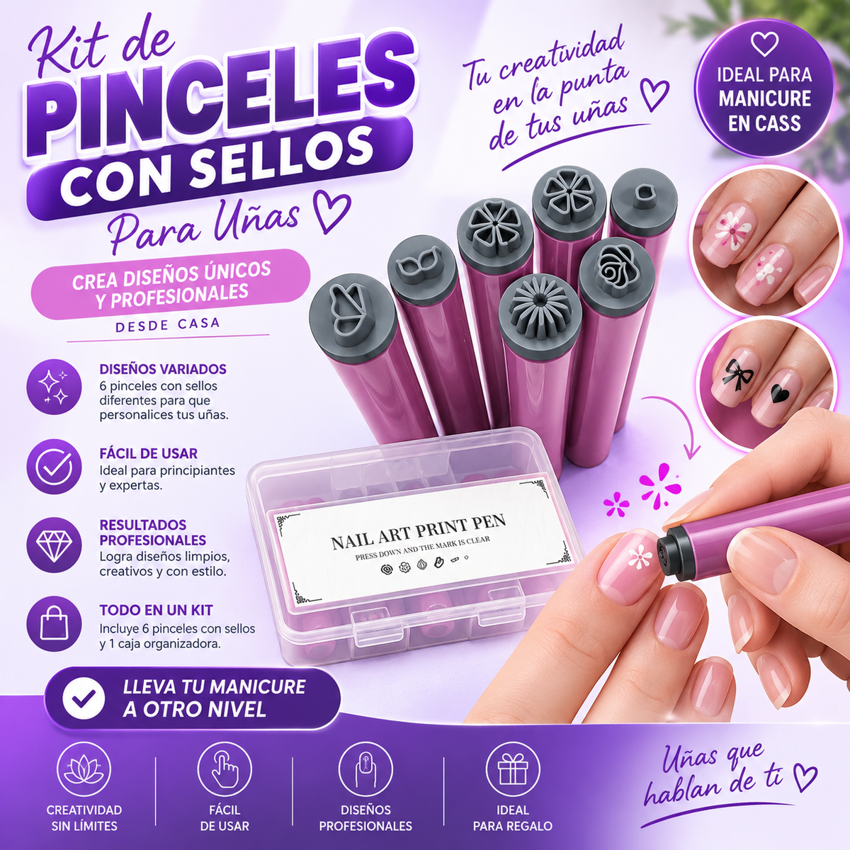 KIT DE PINCELES CON SELLOS PARA UÑAS