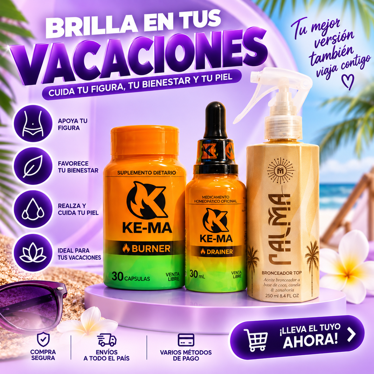 KOMBO VACACIONES KEMADOR DE GRASA,SUPLEMENTO DIETARIO + BRONCEADOR TOP