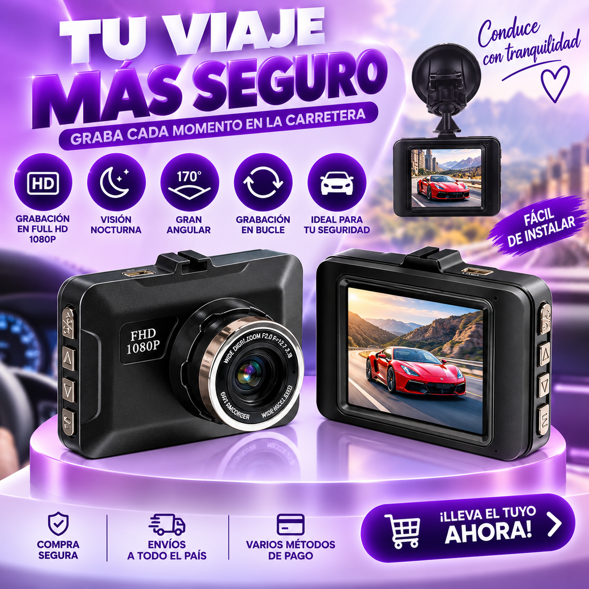 CAMARA CARRO HD DVR 1080P VISION NOCTURNA